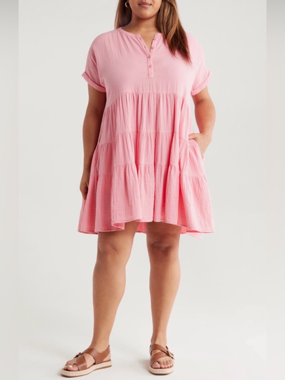 🔶3/$50🔸 Caslon NWT 100% Cotton crepe Gauze Pink Tiered popover Midi Sun Dress